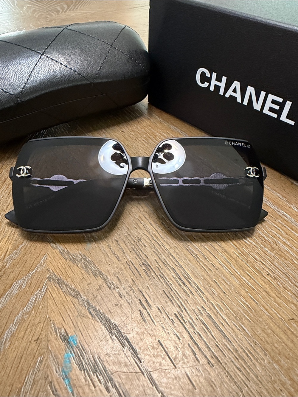 CHANEL Black Square Sunglasses with Silver CC Accents - Picture 2 of 9